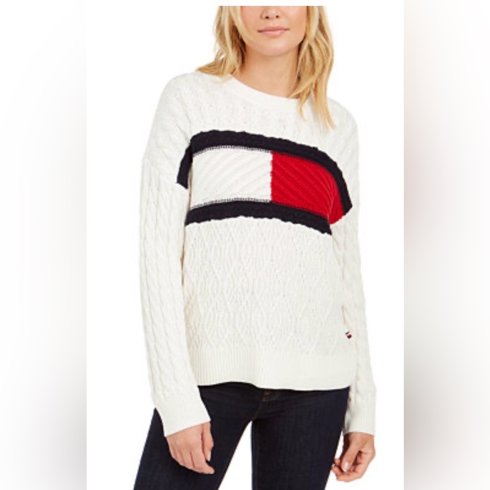 Tommy Hilfiger Women's Classic Cable Knit Sweater-Red, Navy, White-Preppy-Size L